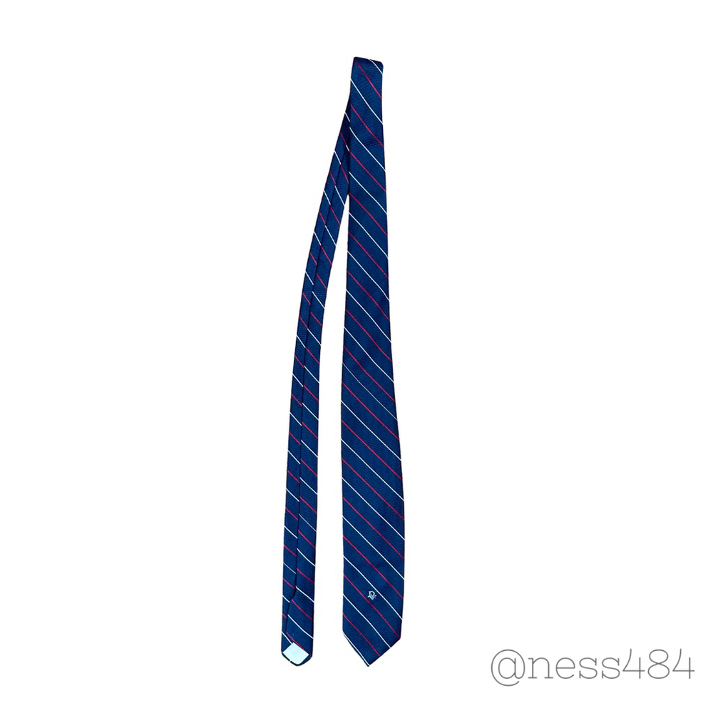 Christian Dior Silk Tie‎ Men Navy Blue White Red Stripe Logo